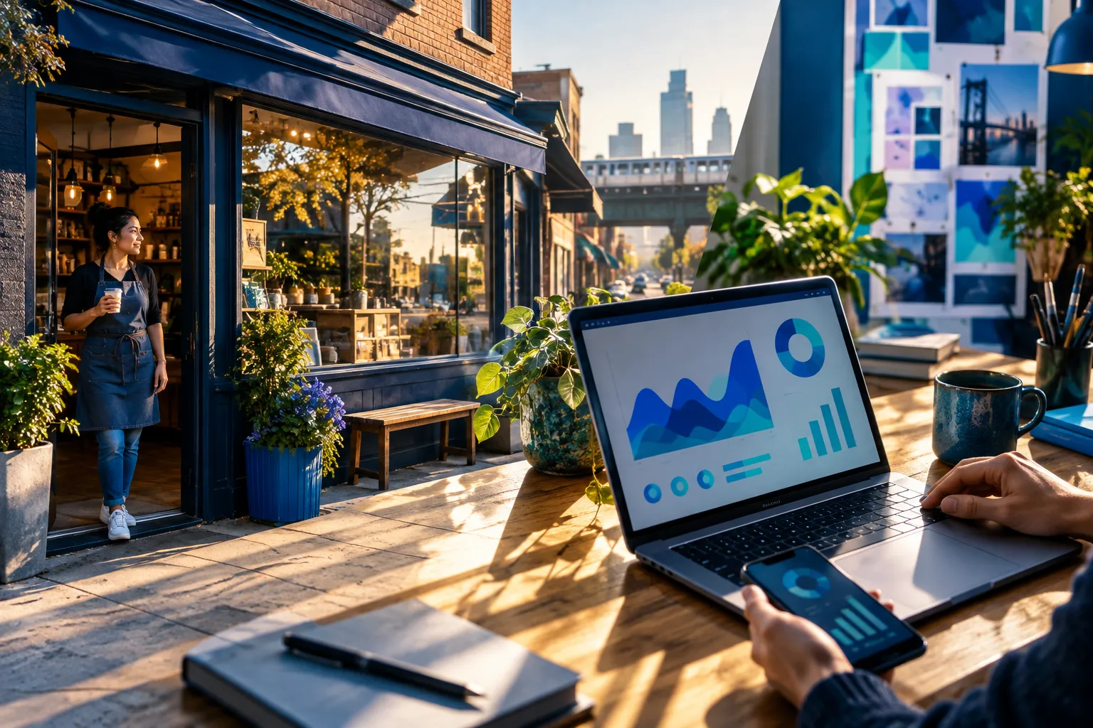 Queens neighborhood storefront beside a laptop showing a marketing dashboard